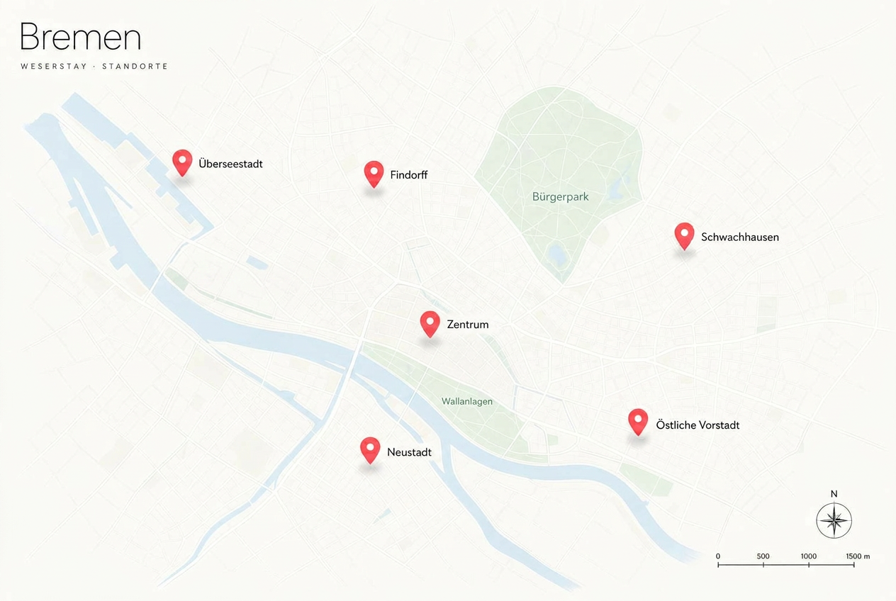 Karte von Bremen mit den Standorten unserer Unterkünfte – Zentrum, Findorff, Überseestadt, Schwachhausen, Neustadt, Östliche Vorstadt